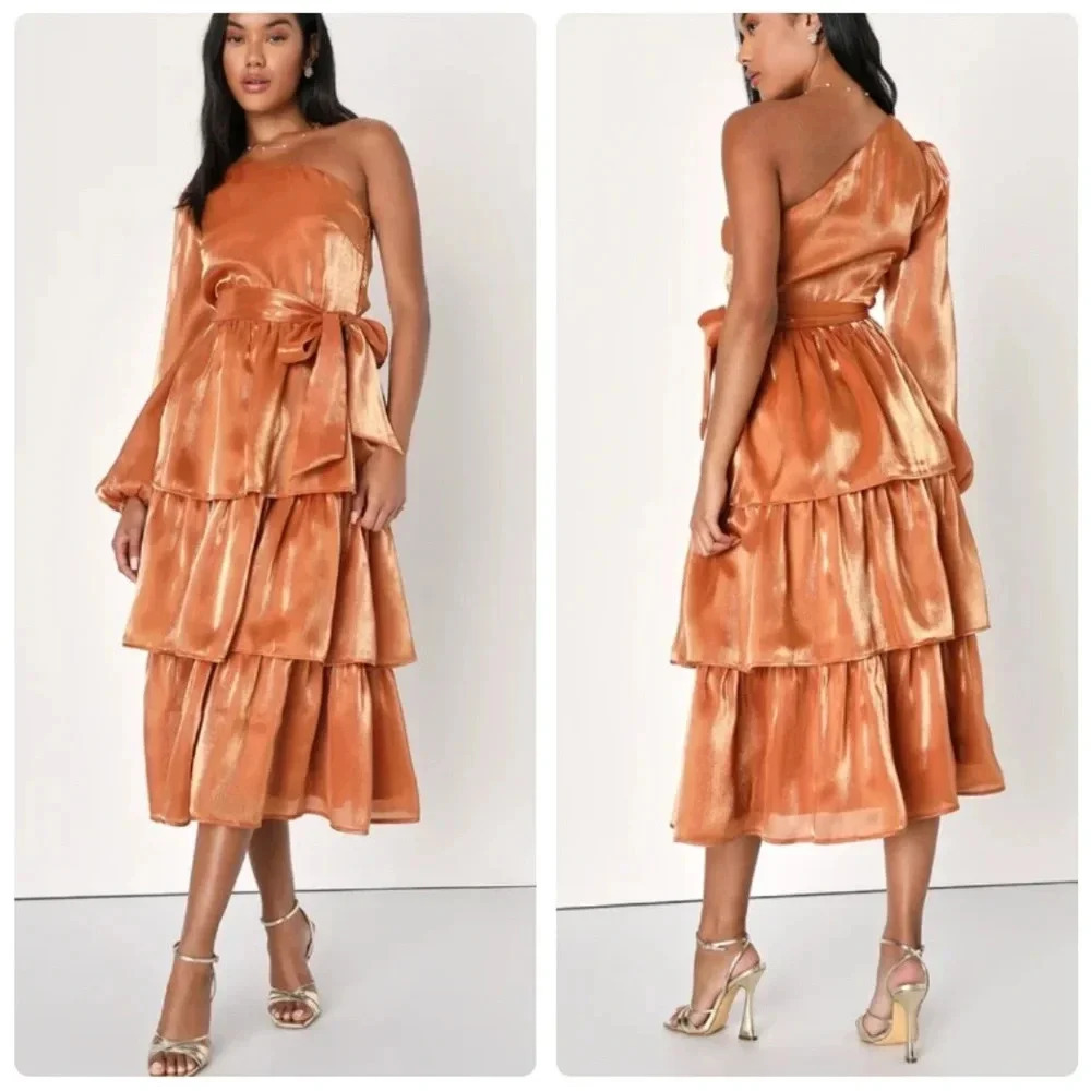 Lulus Sweet Excellence Shiny Rust Orange One-Shoulder Tiered Dress Medium NWT